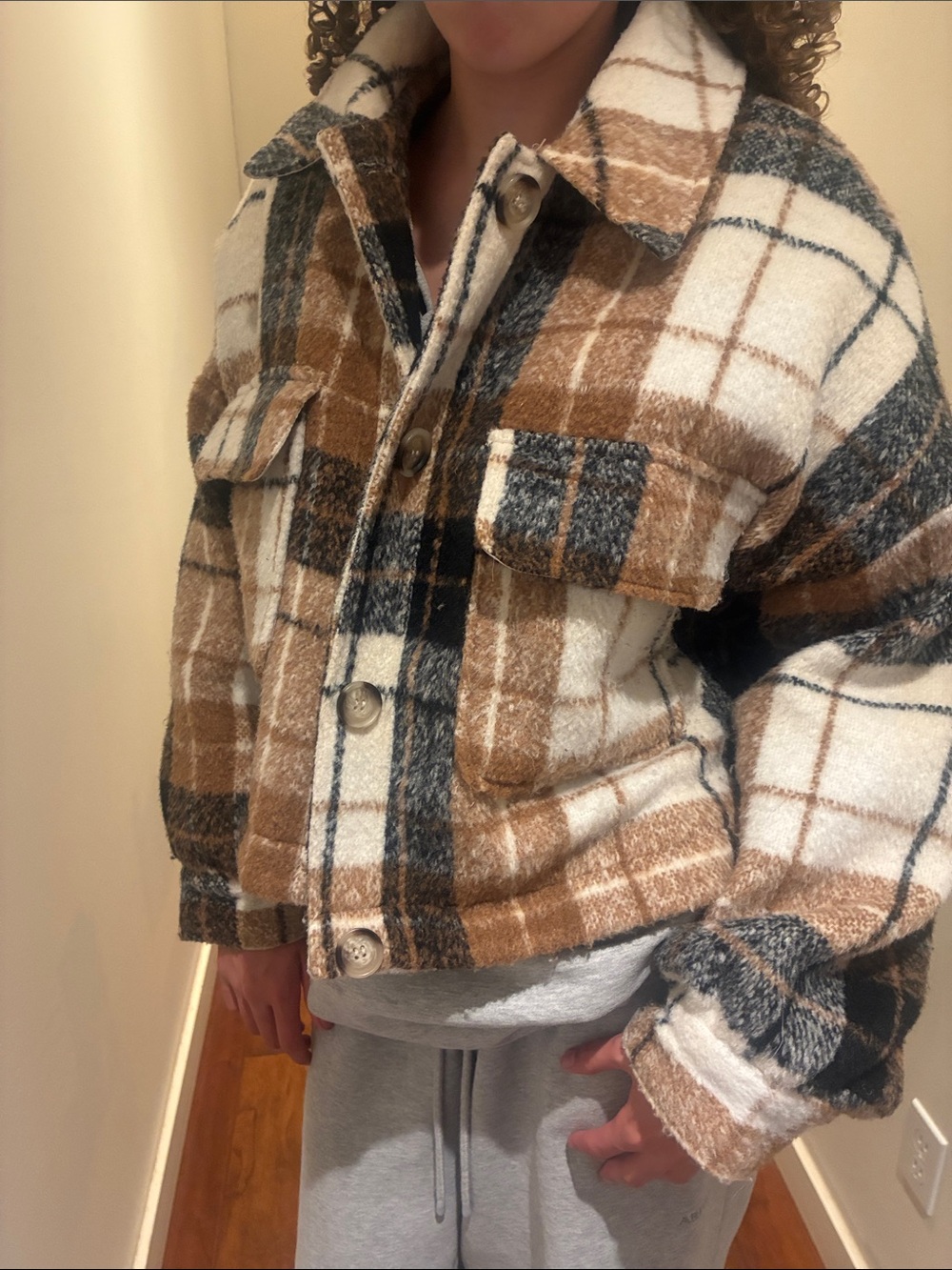 Garage Plaid Button-Up Shacket in Cream, Brown & Black